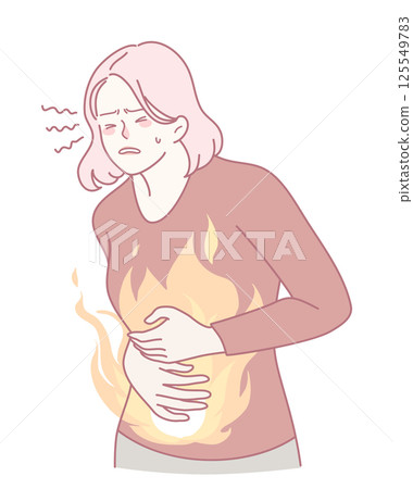 A woman feels discomfort and a burning sensation in her stomach, causing distress 125549783