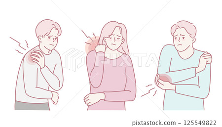 Illustration showcasing the various symptoms associated with shoulder and arm pain in individuals 125549822