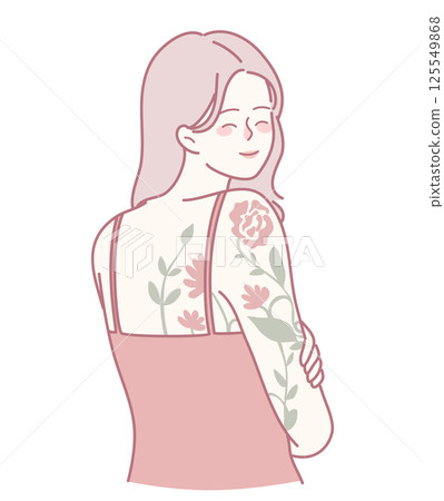 A Stylish Woman with Floral Tattoos, in a Chic Casual Outfit, Radiating Confidence A Stylish Woman with Floral Tattoos, in a Chic Casual Outfit, Radiating Confidence 125549868