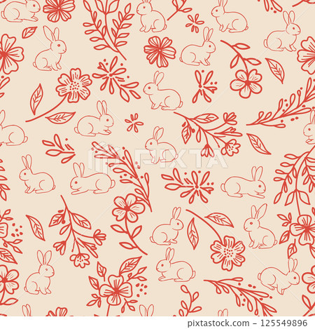 Happy Easter. Seamless pattern. Vintage vector illustration. Bunnies are among the flowers. Vector illustration Happy Easter. Seamless pattern. Vintage vector illustration. Bunnies are among the flowers. Vector illustration 125549896