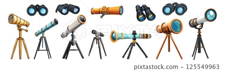 Telescopes and binoculars. Isolated cartoon binocular for tourism, hunting, hiking. Telescope for observing stars and universe, space, weather, vector set Telescopes and binoculars. Isolated cartoon binocular for tourism, hunting, hiking. Telescope for observing stars and universe, space, weather, vector set 125549963