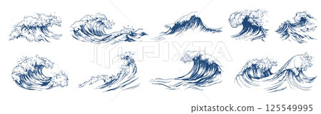 Sea waves, isolated ocean wave with foam. Marine elements, nautical clipart. Blue storm on water, sketch style designers vector elements 125549995
