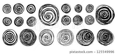 Scribble spirals pencil drawing black. Scratching elements, symbols of confused thoughts drawn ink. Swirls chaotic in circles, vector sketch clipart 125549996