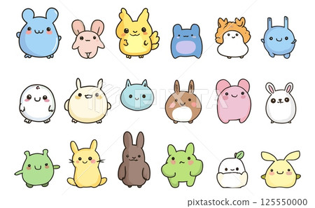 Kawaii doodle creatures. Abstract animals, round cute faces. Children style drawing monsters and animal, flat childish mascots, vector clipart Kawaii doodle creatures. Abstract animals, round cute faces. Children style drawing monsters and animal, flat childish mascots, vector clipart 125550000