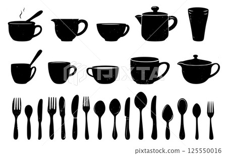 Isolated black spoon knife fork cup pot. Different flat crockery and utensils silhouettes doodle style. Kitchen collection with grunge effect, vector set 125550016