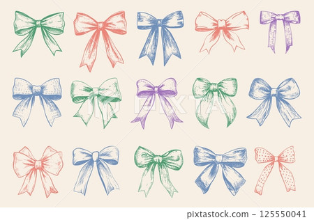 Hand drawn bows. Decorative different gift bow. Christmas birthday anniversary valentines day presents decorations. Sketch ribbons vector set 125550041