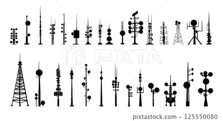 Black silhouettes of different antennas. Isolated antenna on white background, satellite dish, power line. Internet and Wi-Fi distribution, vector elements 125550080