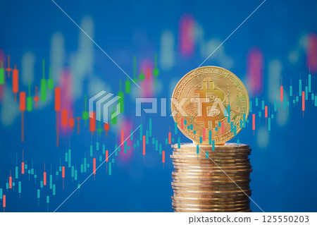 Bitcoin, a decentralized cryptocurrency, surged on the exchange chart, reflecting its rise as a digital form of money and a significant player in finance. 125550203