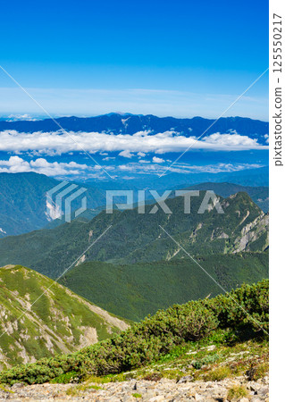從荒川岳前岳(荒川小屋交叉口)眺望中央阿爾卑斯山脈 南阿爾卑斯山、阿庫扎岳、荒川岳登山 從荒川岳前岳(荒川小屋交叉口)眺望中央阿爾卑斯山脈 南阿爾卑斯山、阿庫扎岳、荒川岳登山 125550217