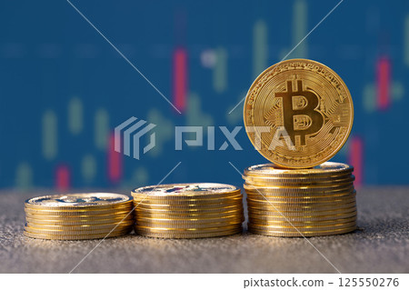 Bitcoin, a decentralized cryptocurrency, surged on the exchange chart, reflecting its rise as a digital form of money and a significant player in finance. 125550276