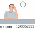 Young man pondering a problem, suggesting deep thought. Clock on the wall, add focus on time and introspection. 125550333