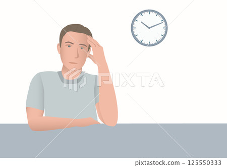 Young man pondering a problem, suggesting deep thought. Clock on the wall, add focus on time and introspection. 125550333