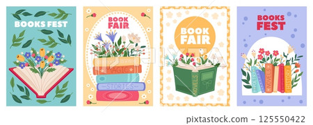 Book fair cards. Literary festival, beautiful blossom flowers, knowledge and education, romantic novels, spring mood, posters or flyer design cartoon flat style isolated recent vector set 125550422