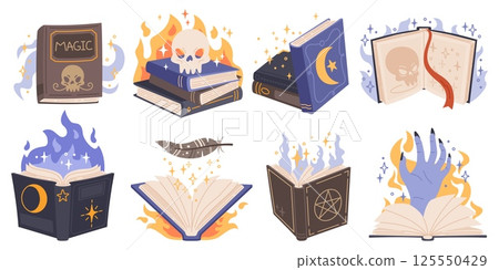 Cartoon magic spell books. Wizard manuscripts with different mystery effects, fantasy charms, fairy tales, game elements, fire, scull and spooky hand. Recent vector comic isolated set 125550429