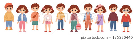 Children with different wearing. Cute fashionable kids, casual clothing and accessories, funny boys and girls apparel, summer and autumn season, cartoon flat isolated garish vector set 125550440