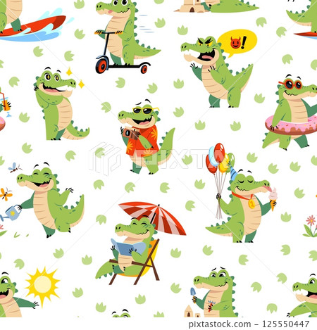 Cute alligator seamless pattern. Funny cartoon crocodiles, kids mascot, predatory animal, repeated tropical reptile. Textile, wrapping paper, wallpaper. Print for fabric tidy vector background Cute alligator seamless pattern. Funny cartoon crocodiles, kids mascot, predatory animal, repeated tropical reptile. Textile, wrapping paper, wallpaper. Print for fabric tidy vector background 125550447