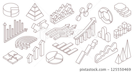 Isometric outline graphs. Data analysis charts, visual business statistics, diagram, pies, bars and arrows design, isolated information visualization line elements, nowaday vector isolated set Isometric outline graphs. Data analysis charts, visual business statistics, diagram, pies, bars and arrows design, isolated information visualization line elements, nowaday vector isolated set 125550469