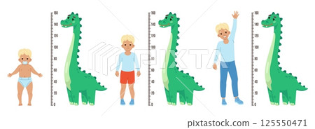 Kid measure height. Funny boy gradually growing process, ruler with dinosaur, childish wall meter, from toddler to teenager measurement, cartoon flat style isolated recent vector concept Kid measure height. Funny boy gradually growing process, ruler with dinosaur, childish wall meter, from toddler to teenager measurement, cartoon flat style isolated recent vector concept 125550471