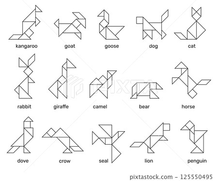 Linear tangram animals. Simple shapes geometric puzzle, kids logical and creativity game, piecing together schemes, line isolated elements, childish education qualitative vector set 125550495