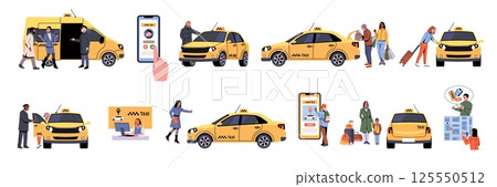 People use taxis. Townspeople calling, waiting for transport, yellow cars, passengers transportation in city, mobile app. Public transport cartoon flat style isolated tidy vector set 125550512