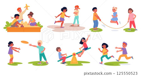 Summer outdoor games. Happy kids play on open air, children having fun, playground activities, frisbee, skipping rope, sandbox. Group and pair entertainment cartoon flat classy vector set 125550523
