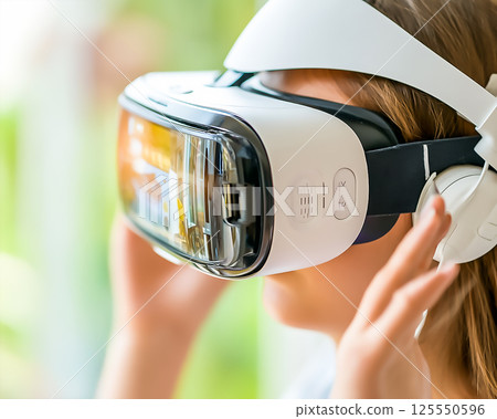 一名女性使用 VR 眼鏡檢查數據的圖片 125550596