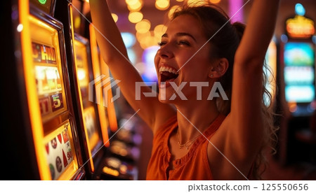 A woman rejoicing at a slot machine [Generative AI] 125550656