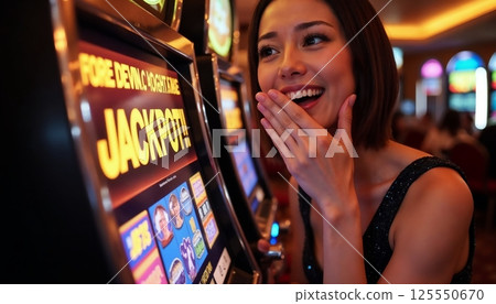 An elegant woman surprised by a jackpot [Generative AI] 125550670