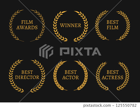 Film academy awards winners and best nominee gold wreaths on black background. Film academy awards winners and best nominee gold wreaths on black background. 125550782