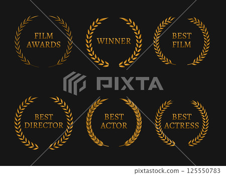 Film academy awards winners and best nominee gold wreaths on black background. 125550783