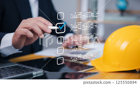 Audit business concept, Compliance with internal organization financial services regulation, Examination for business and financial management system, Checklist, Review, test and survey form online. 125550894