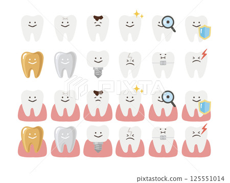 一組具有不同表情的各種牙齒圖標 一組具有不同表情的各種牙齒圖標 125551014