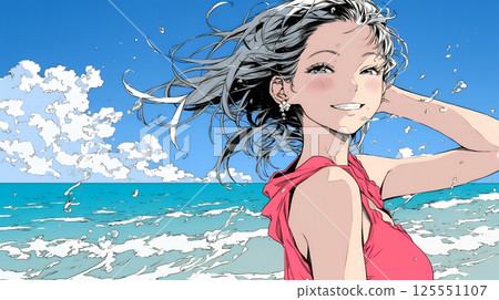 Young woman traveling alone on a tropical beach in summer 125551107