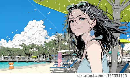 Young woman traveling alone on a tropical beach in summer 125551113