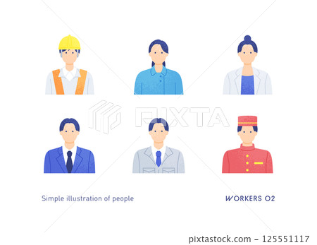 在建築、醫療和商業行業工作的人員。按職業對男性和女性進行向量插圖。 125551117