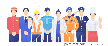 Men and women working in a wide range of professions, including the hotel industry, construction sites, medical care, police, and the food and beverage industry. Simple and stylish material. 125551123
