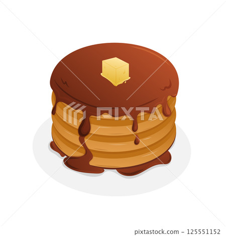 Delicious stack of pancakes topped with syrup and butter 125551152