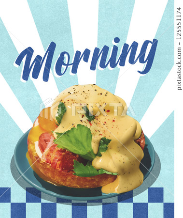 Artistic breakfast dish with egg with melting cheese, sauce, herbs, tomatoes and bun on colorful plate against blue retro background. Artistic breakfast dish with egg with melting cheese, sauce, herbs, tomatoes and bun on colorful plate against blue retro background. 125551174