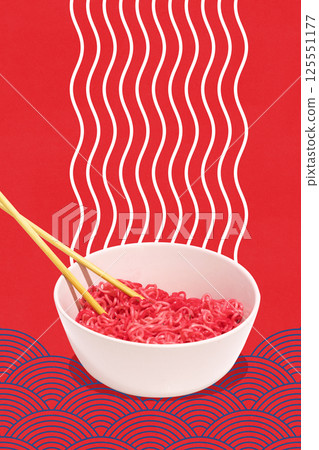 Bowl of vibrant red ramen noodles with chopsticks and stylized steam on graphic red background. Asian cuisine. Conceptual design 125551177