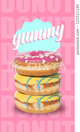 Colorful stacked donuts with pink and yellow frosting creating vibrant delicious visual against pastel background. Conceptual design. 125551180