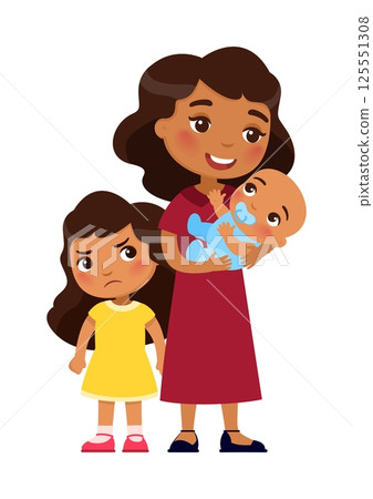 Happy mother holding baby in her arms and little girl dissatisfied, frowning and offended. concept of jealousy and worries of the eldest child in the family. Cute cartoon character Happy mother holding baby in her arms and little girl dissatisfied, frowning and offended. concept of jealousy and worries of the eldest child in the family. Cute cartoon character 125551308