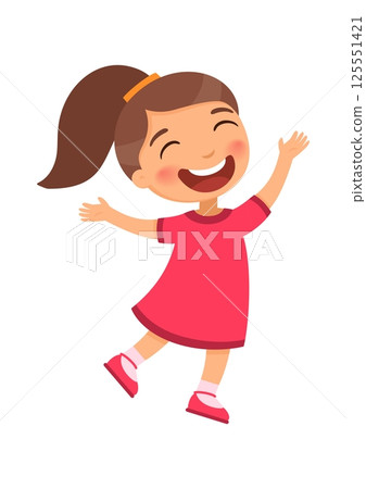 Joyful and energetic girl jumps or dances with her hands up, a wide smile and eyes closed with happiness. Emotion concept of joy, freedom, childish carelessness.Cartoon character illustration Joyful and energetic girl jumps or dances with her hands up, a wide smile and eyes closed with happiness. Emotion concept of joy, freedom, childish carelessness.Cartoon character illustration 125551421