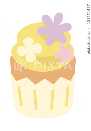 Cupcake with flowers and yellow whipped cream 125551457