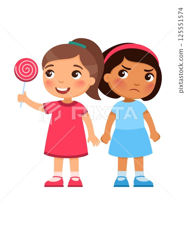 One girl is smiling and holding a large lollipop in hand. Other girl is unhappy, frowning and looking at the lollipop with envy or irritationCartoon character illustration 125551574