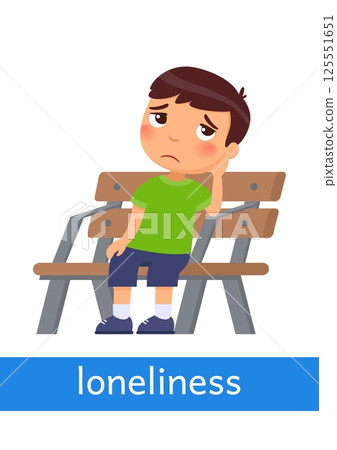 Loneliness - concept of emotion. Lonely sad little boy sits on a bench. Learning English language. Children psychology. Cute cartoon character Loneliness - concept of emotion. Lonely sad little boy sits on a bench. Learning English language. Children psychology. Cute cartoon character 125551651