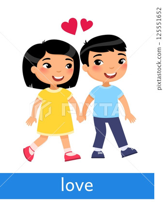 Love - concept of emotion. Little children in love holding hands. Learning English language. Children psychology. Cute cartoon character 125551652