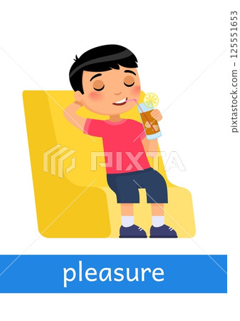 Pleasure - concept of emotion. Little boy sitting in a chair and drinking ice tea. Learning English language. Children psychology. Cute cartoon character 125551653