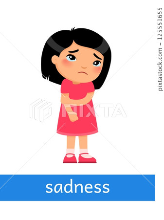 Sadness - concept of emotion. Little sad girl with tears in her eyes. Learning English language. Children psychology. Cute cartoon character Sadness - concept of emotion. Little sad girl with tears in her eyes. Learning English language. Children psychology. Cute cartoon character 125551655