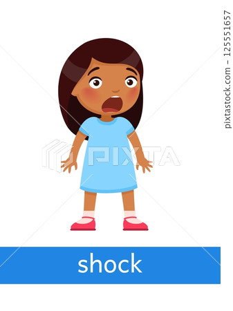Shock - concept of emotion. Little dark skin girl is very surprised. Learning English language. Children psychology. Cute cartoon character 125551657