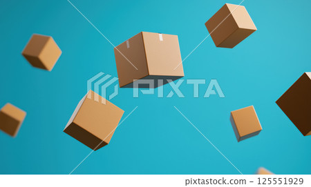 Floating cardboard boxes of various sizes against vibrant blue background, creating dynamic and modern composition 125551929